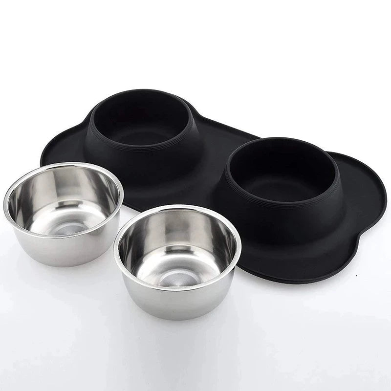 Anti Slip Double Stainless Steel Dog Bowl With Silicone Mat