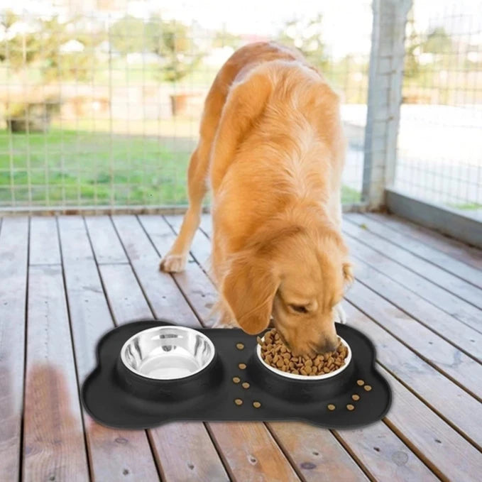 Anti Slip Double Stainless Steel Dog Bowl With Silicone Mat
