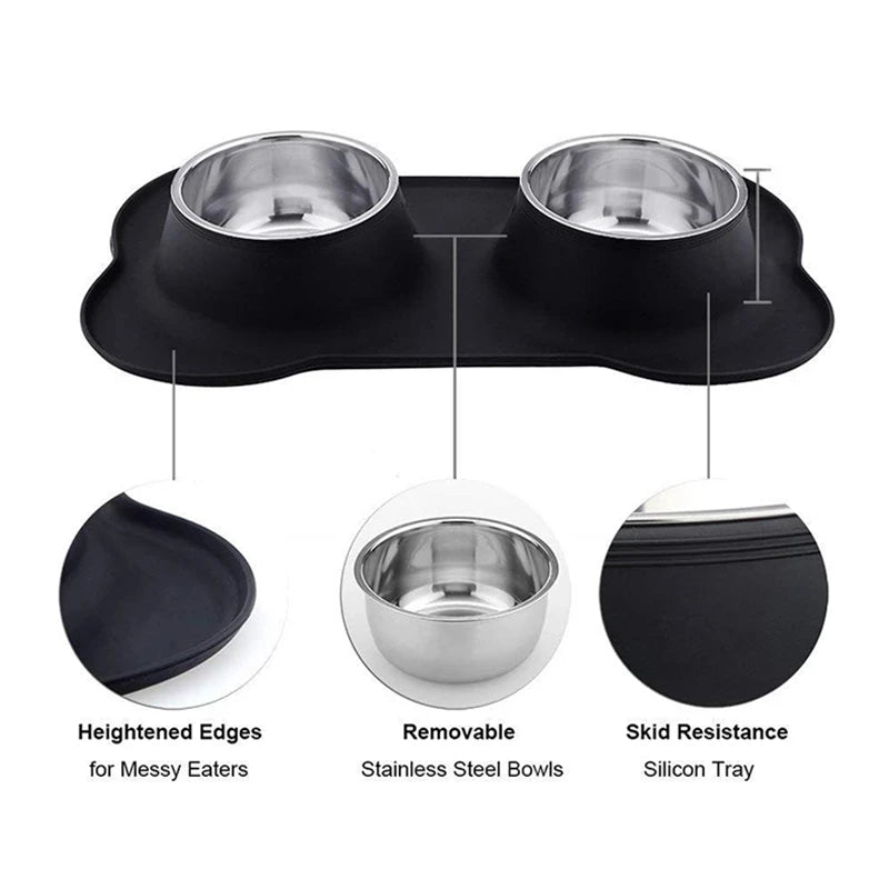 Anti Slip Double Stainless Steel Dog Bowl With Silicone Mat