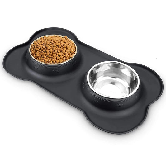 Anti Slip Double Stainless Steel Dog Bowl With Silicone Mat